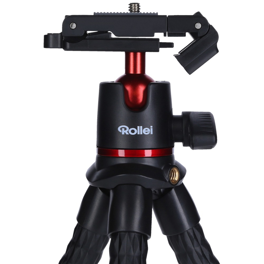 Czarny statyw z czerwonym środkiem i mocowaniem do aparatu.