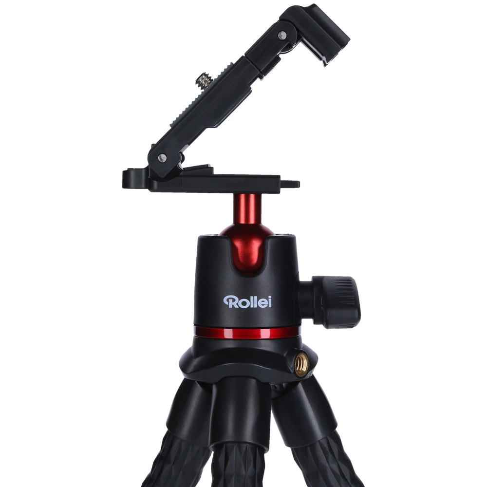 Czarny statyw Rollei. Ma czerwoną podstawę i czarną głowicę z punktem mocowania aparatu.