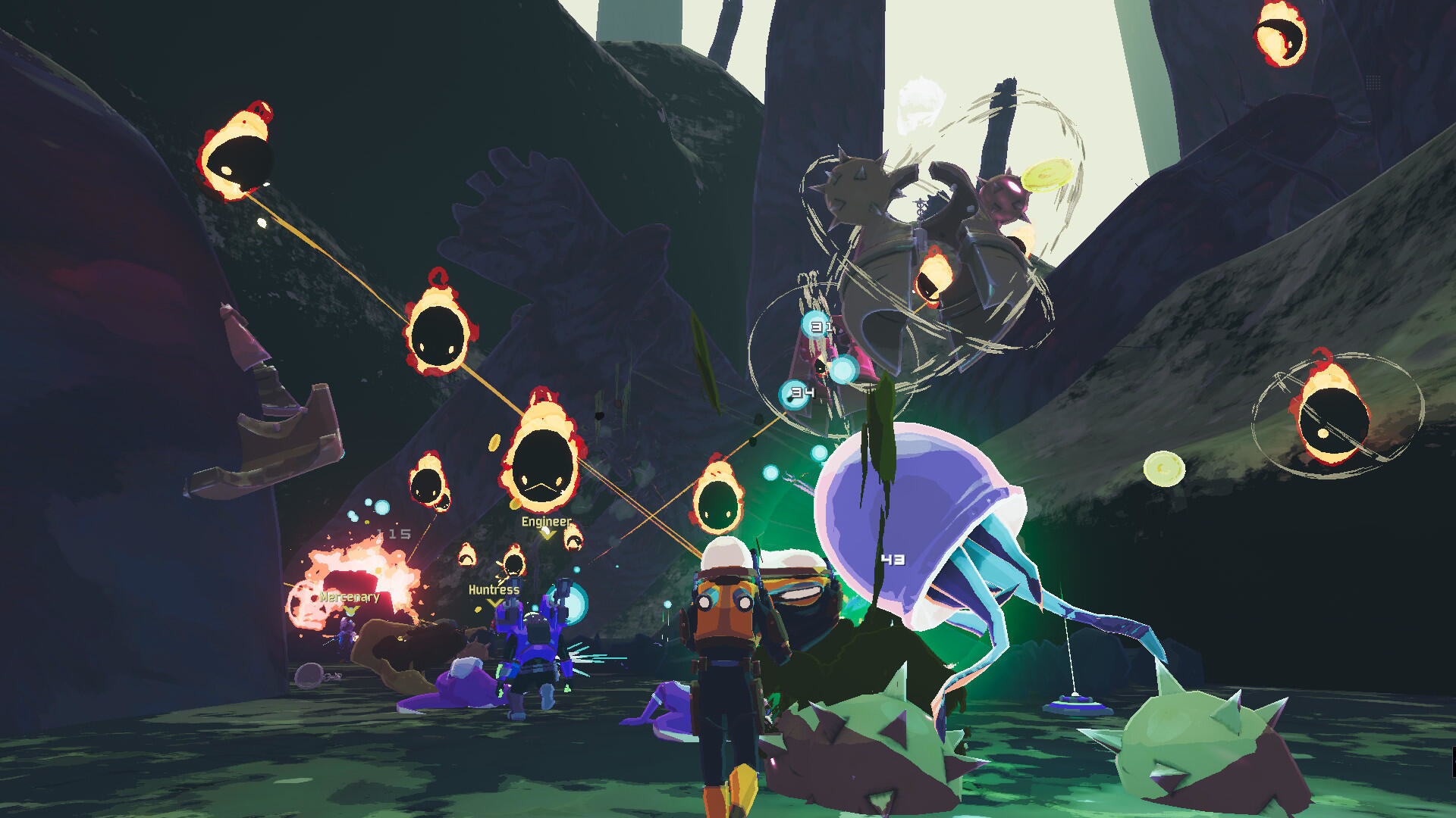 Scena z gry z wieloma postaciami walczącymi z różnymi wrogami. Walczy duża istota podobna do meduzy.