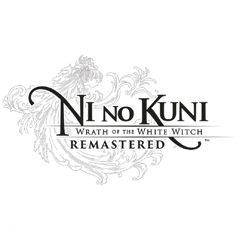 Ni no Kuni Logo mit einer Frau und wirbelndem Design. Text sagt 'Wrath of the White Witch'.