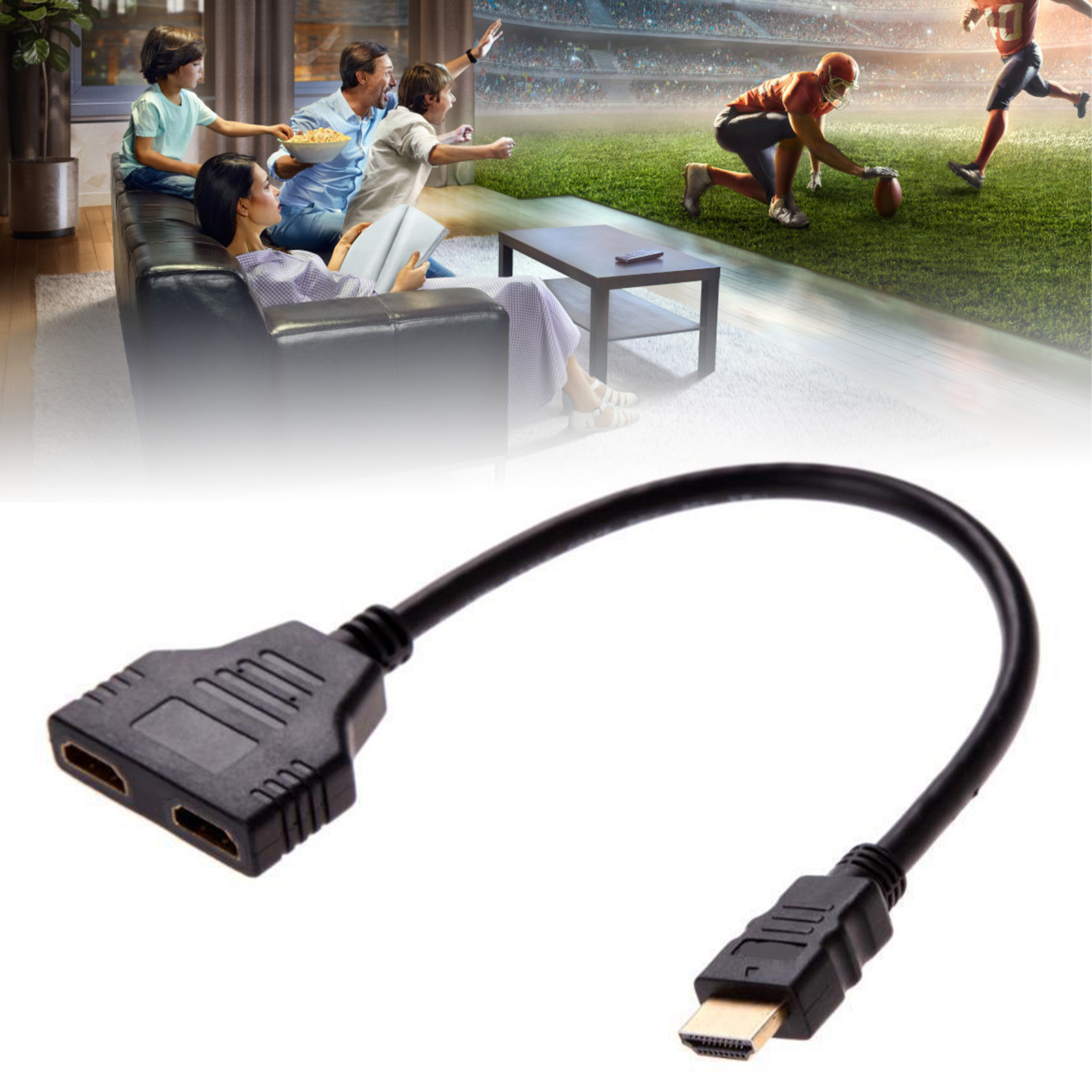 HDMI-Splitterkabel. Schwarzer Splitter mit zwei Anschlüssen und einem HDMI-Stecker.