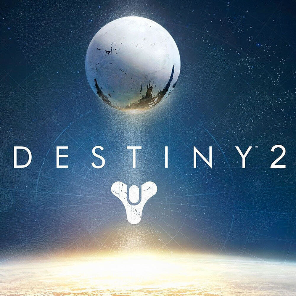 Logo gry Destiny 2 z białą sferą nad tytułem. Tło pokazuje przestrzeń kosmiczną.