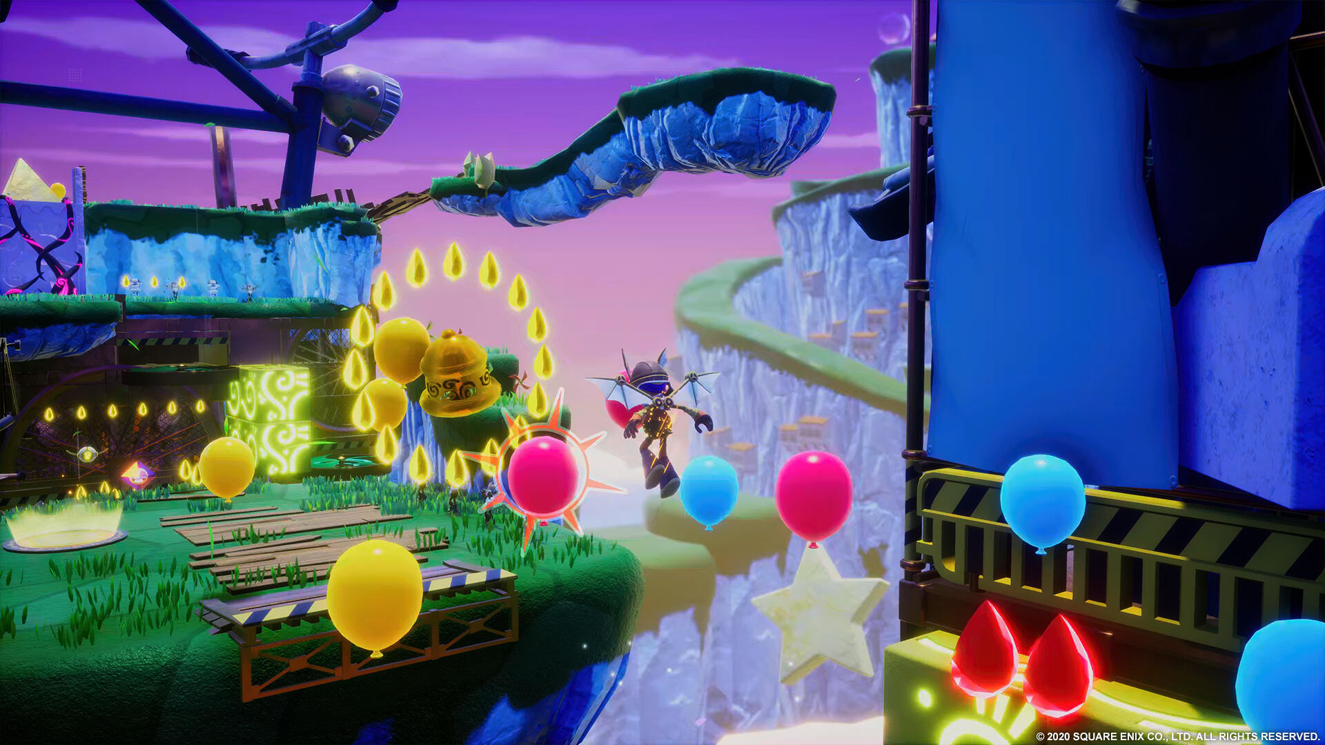 Scena z gry wideo z postacią skaczącą. Są balony i kolorowe platformy.