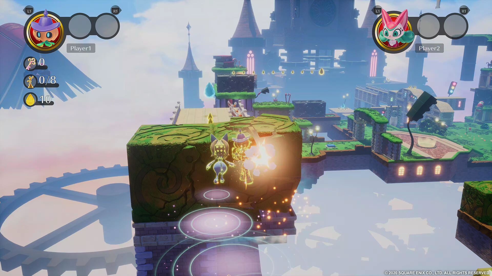 Scena z gry z postaciami z kreskówek na pływającej platformie. Kolorowa i jasna.