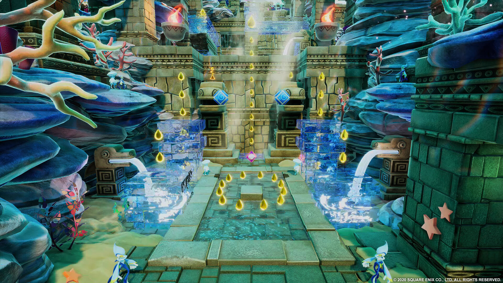 Scena z gry wideo z wodą i strukturami. W scenie znajdują się animowane postacie.