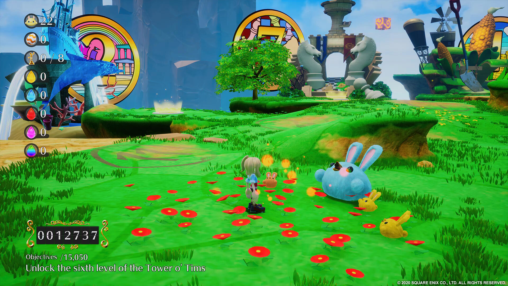 Scena z gry z postacią na polu i elementami z kreskówek. Jasna i kolorowa.