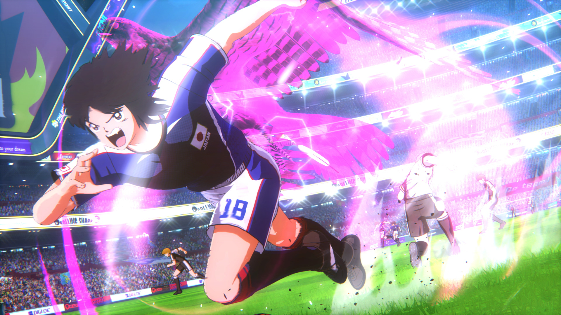 Anime-Fußballspieler in der Luft mit Flügeln, grünes Feld, Stadionlichter. Andere Spieler rennen, dramatischer Effekt.