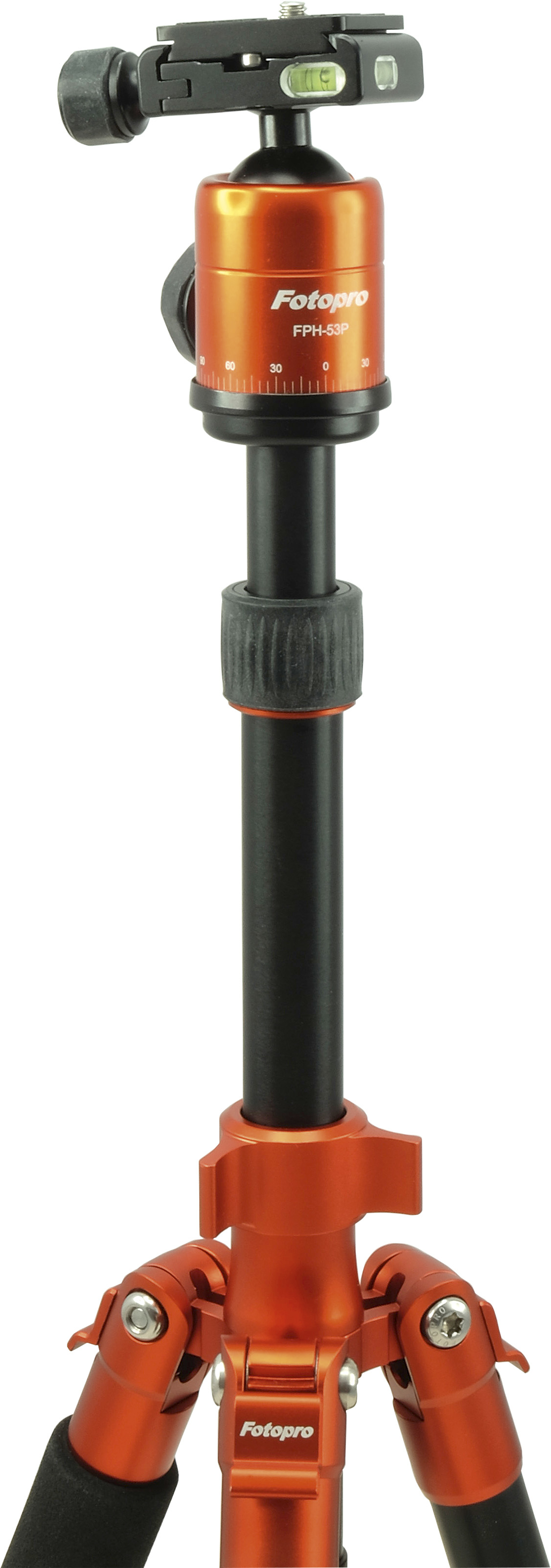 Pomarańczowy statyw, czarne nogi, białe tło. Mocowanie kamery na górze.