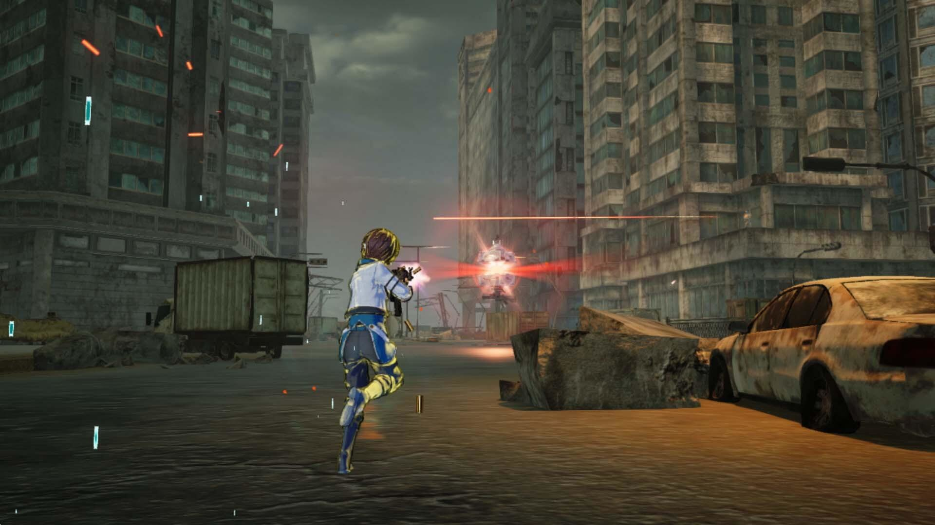 Kobieta strzela w zniszczonym mieście. Widoczne budynki, samochód i kontener. Ciemne, szare tony.