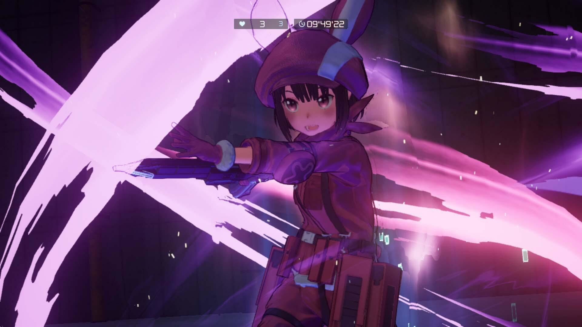 Dziewczyna z anime z fioletową bronią i efektami energii. Ciemne tło, poza akcji.