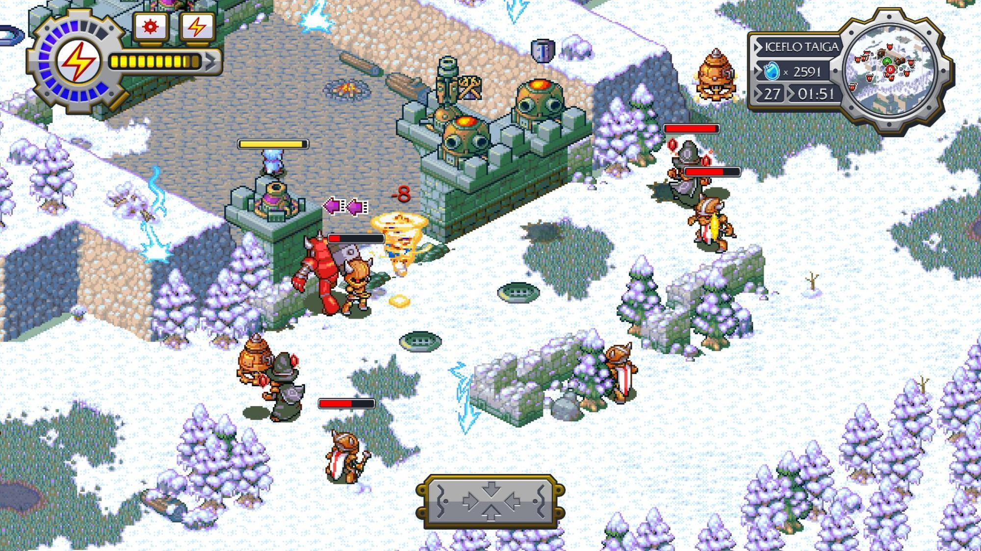 Eine pixelige Strategiespielszene mit Charakteren in einer verschneiten Umgebung, die in der Nähe einer Burg kämpfen.