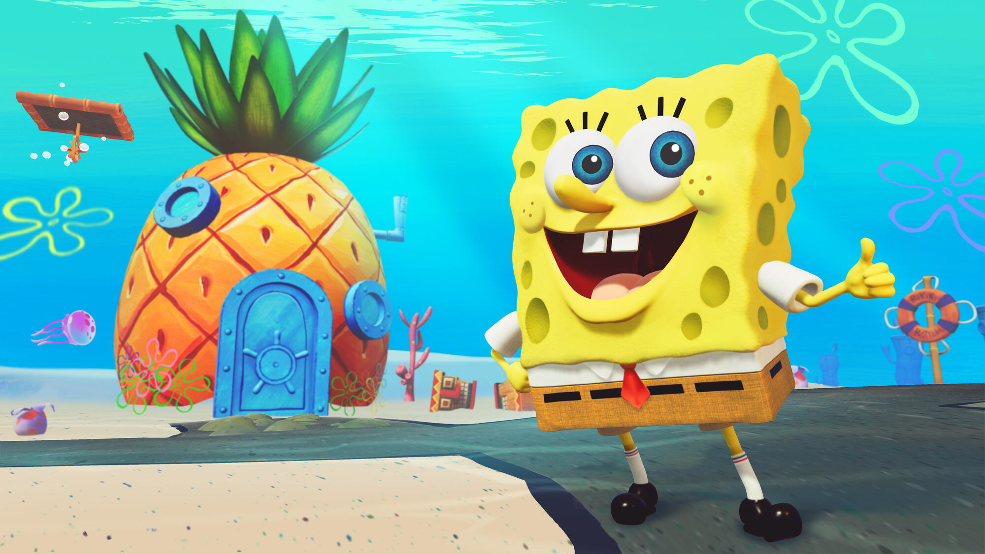 SpongeBob Kanciastoporty uśmiechnięty i pokazujący kciuk w górę, z domem w tle.
