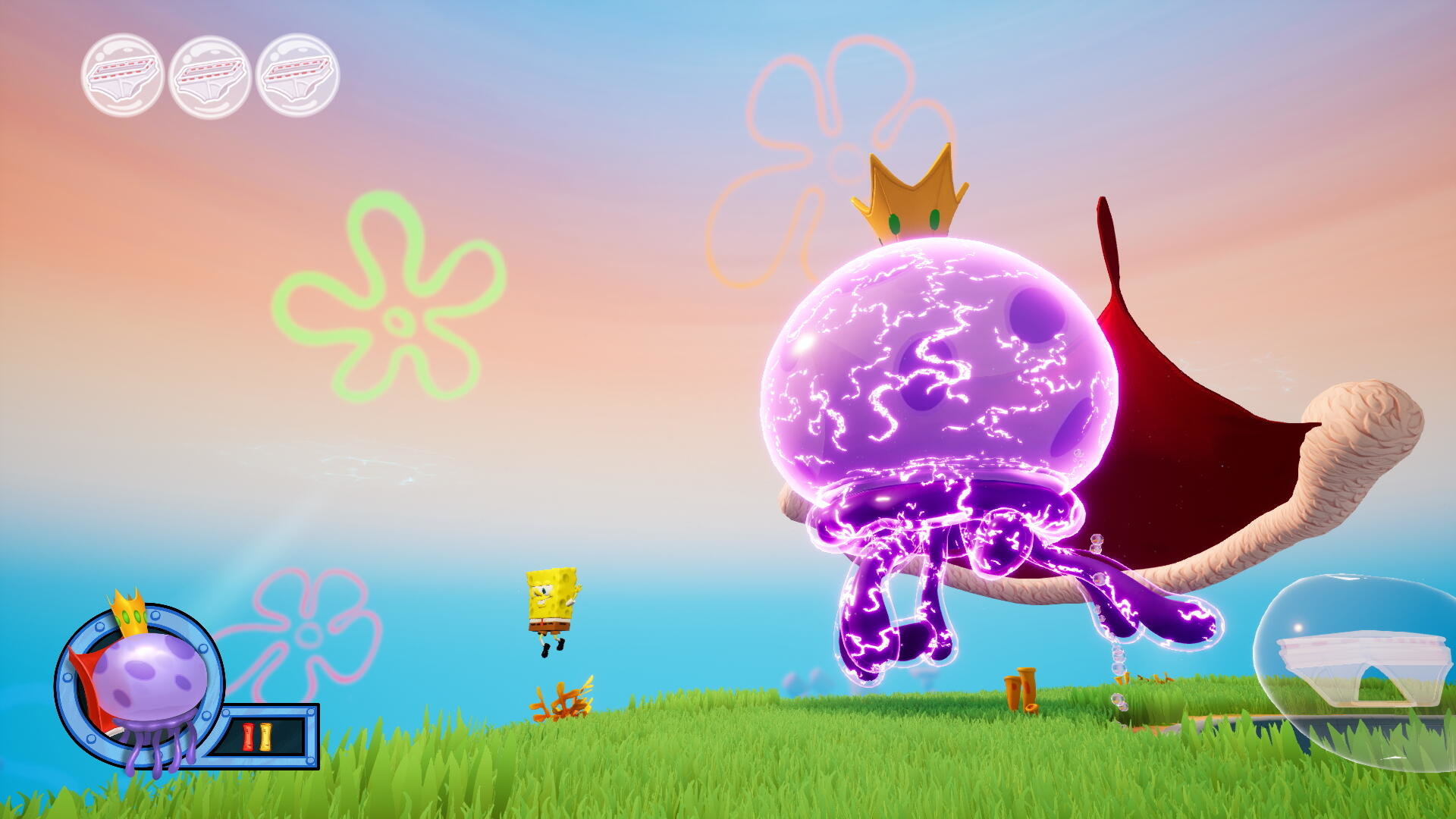 SpongeBob i meduza z koroną w kolorowym krajobrazie z unoszącymi się przedmiotami i innymi postaciami.