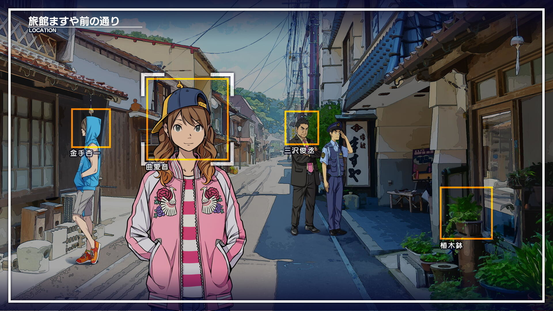 Una escena callejera en Japón con gente, edificios y una chica en el centro. El cielo es azul.