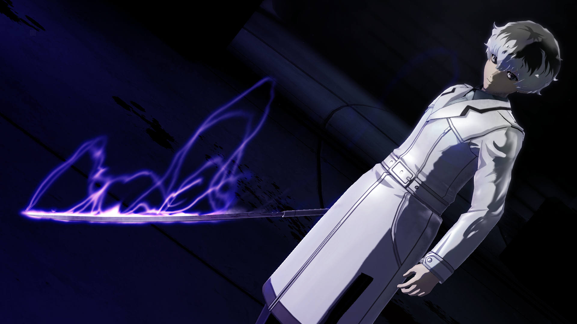 Postać w białym płaszczu z czarno-białymi włosami. Za postacią fioletowa fala energii.