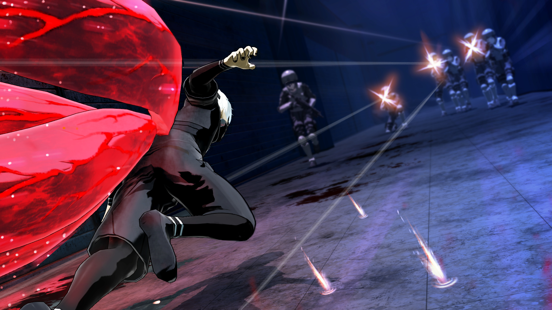 Osoba w czerni ucieka przed ostrzałem w futurystycznym otoczeniu.