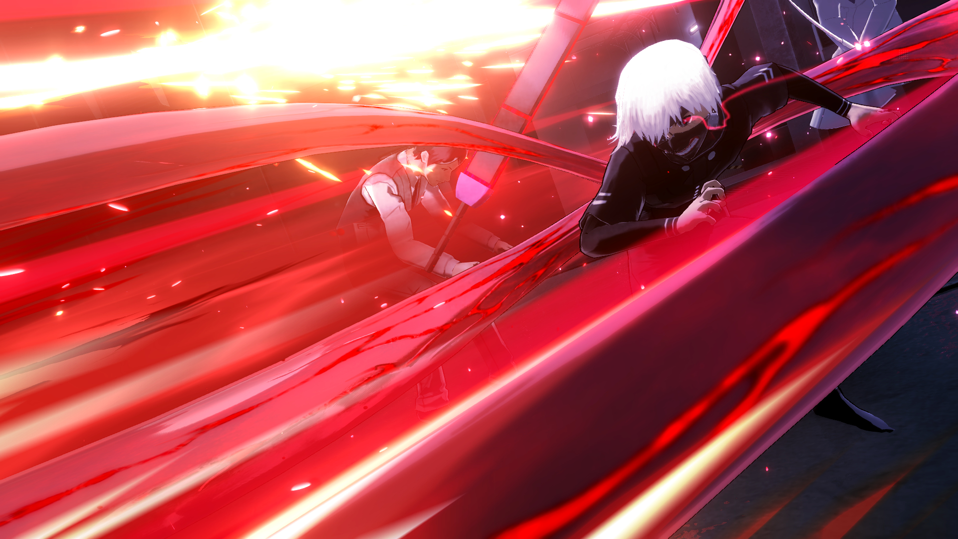 Postać z białymi włosami i czarnym stroju atakuje czerwoną energią. W tle inna postać.