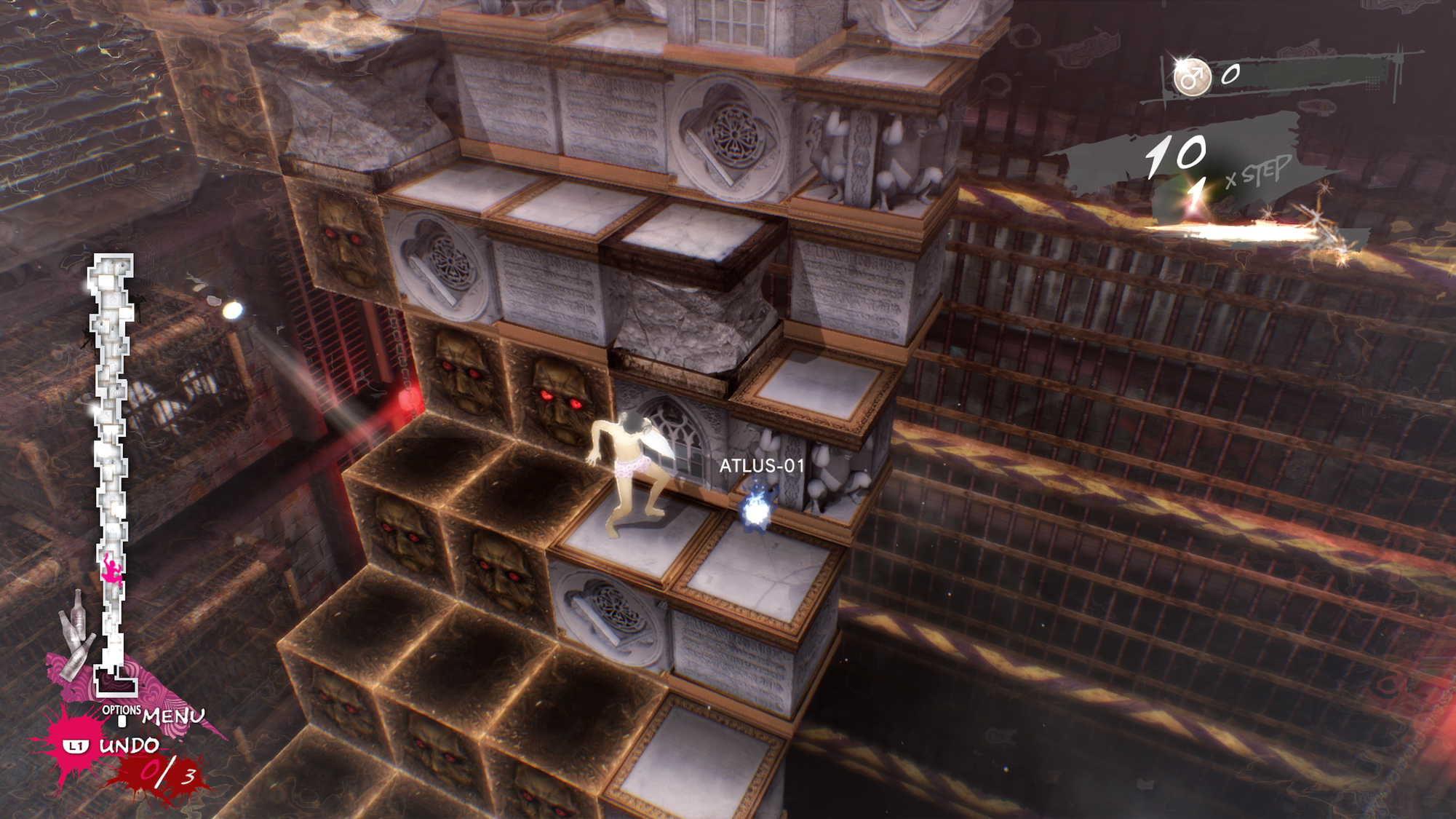 Postać porusza się po kamiennej konstrukcji z twarzami w grze wideo, skacząc po blokach.