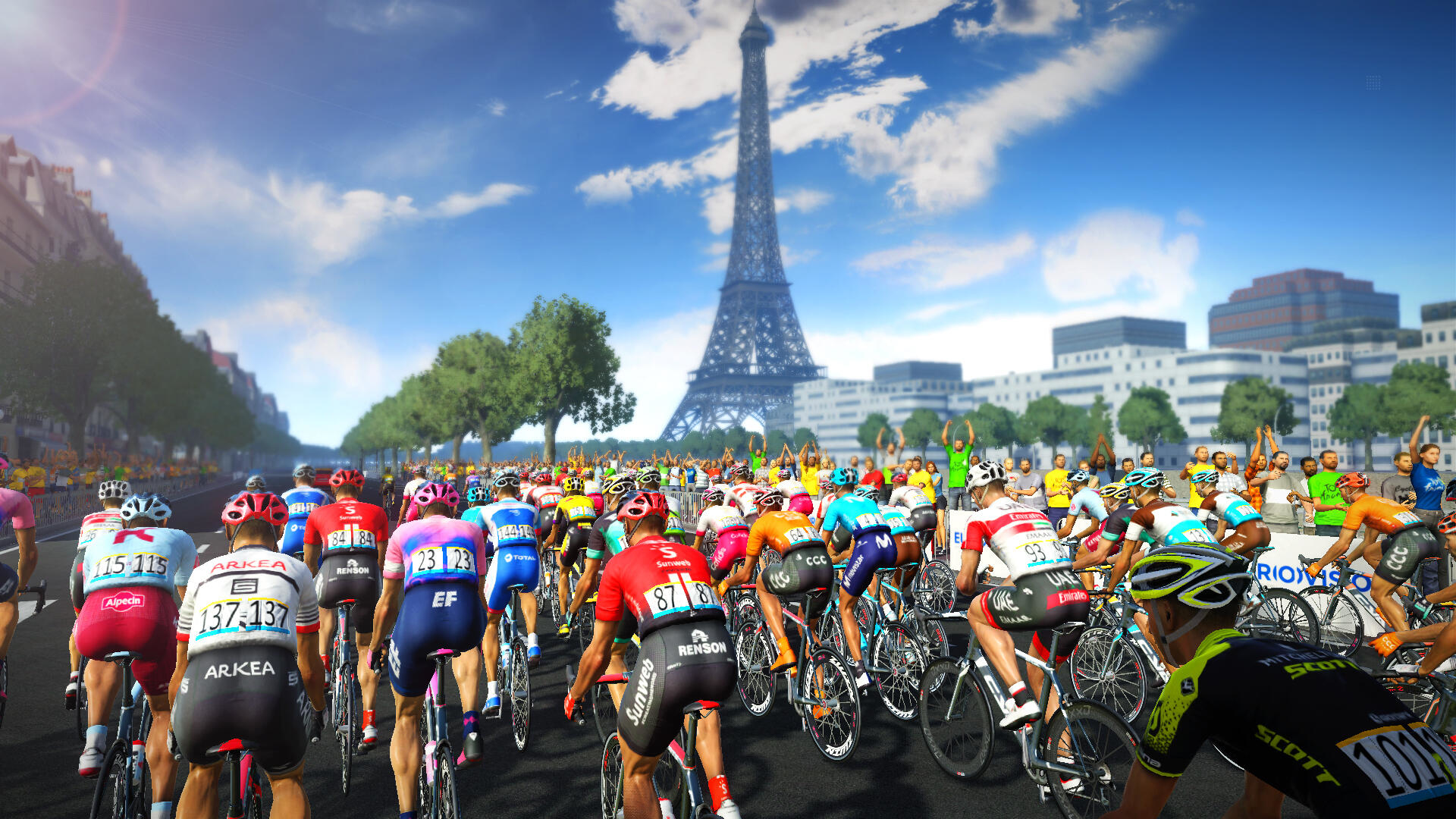 Una carrera de ciclismo con muchos ciclistas, la Torre Eiffel y un cielo brillante.