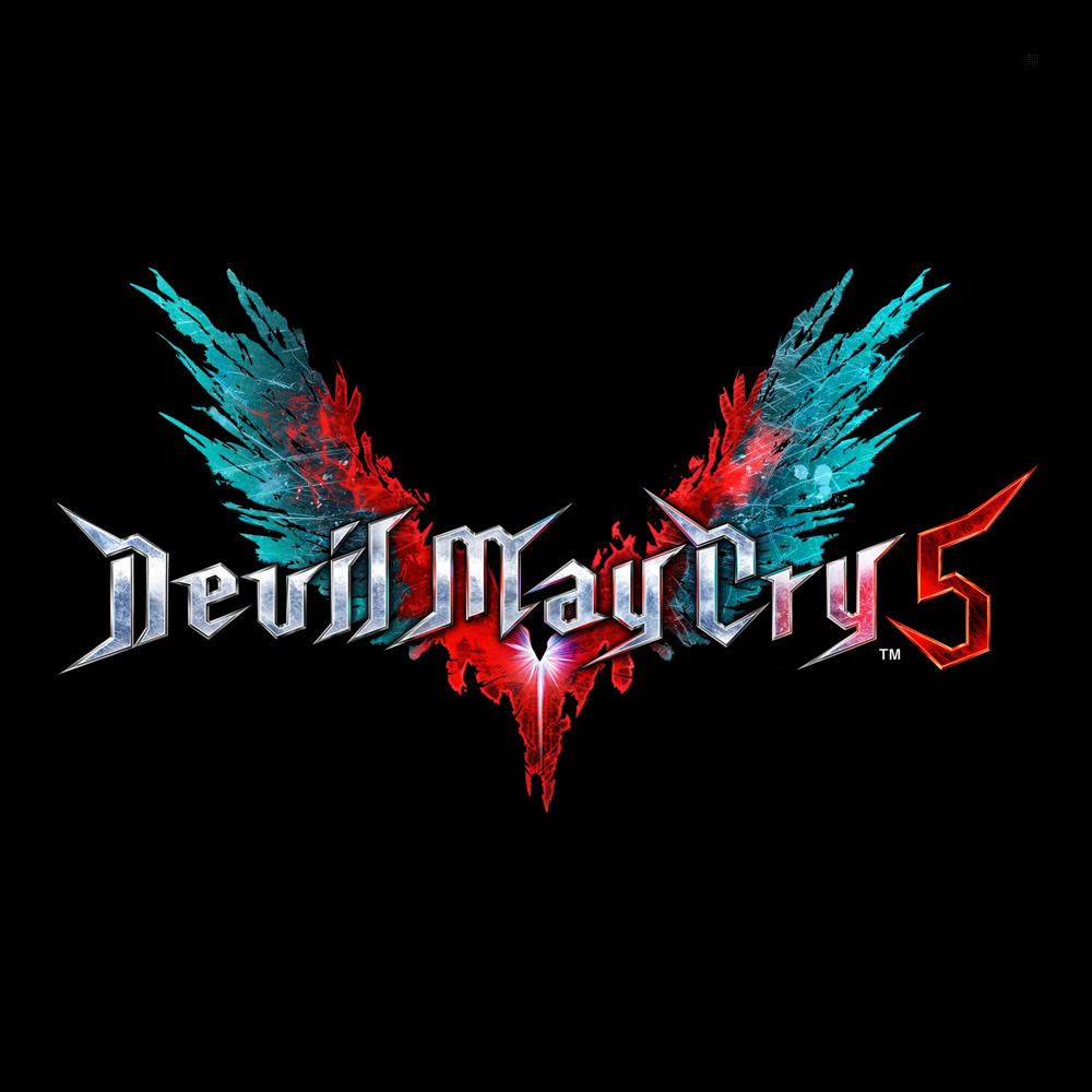 Logo Devil May Cry 5 na czarnym tle. Posiada skrzydła i czerwony centralny wzór.
