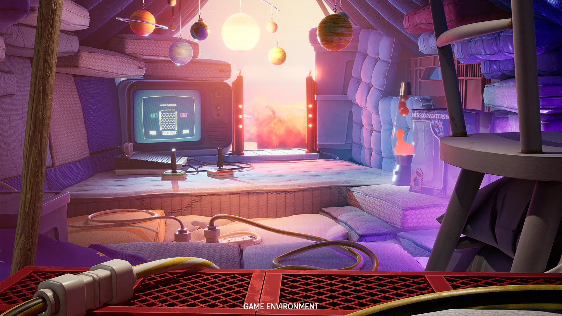 Przytulny pokój na poddaszu z wiszącymi planetami, ekranem telewizora i łóżkiem. Marzycielski i kapryśny.