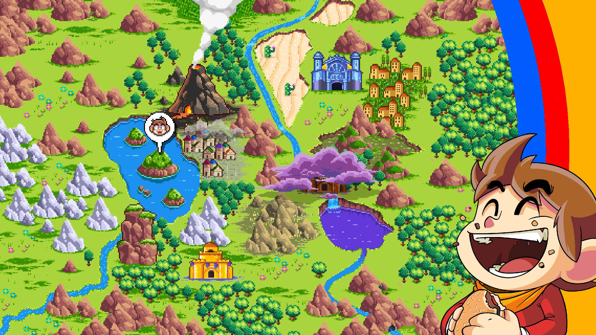 Pikselowa mapa świata gry z uśmiechniętą postacią trzymającą jedzenie.