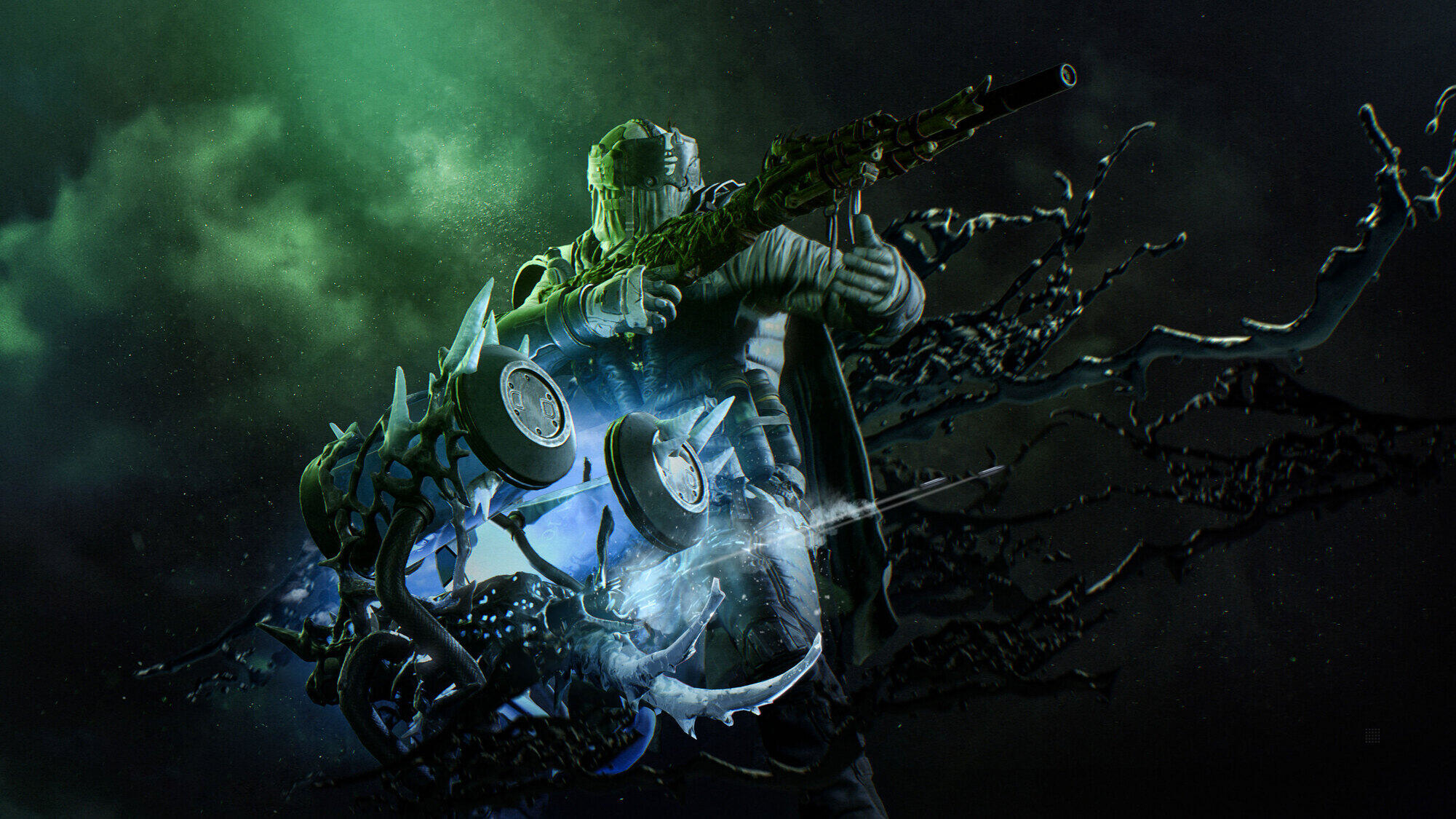 Postać z bronią, w futurystycznej scenerii z zachmurzonym niebem.