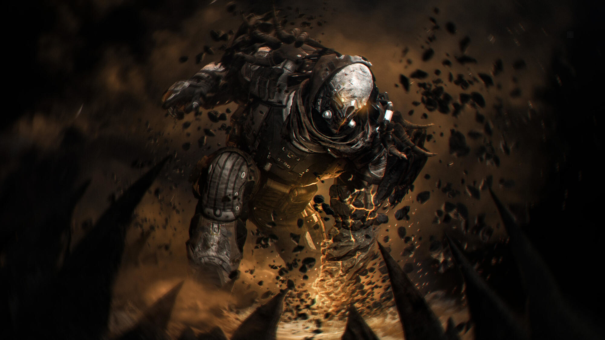 Opancerzona postać, kucająca wśród gruzu, z hełmem i poczuciem ruchu.