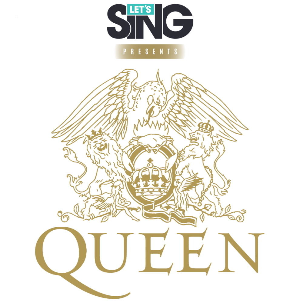 Logo Queen z koroną i dwoma lwami. Tekst 'LET'S SING PRESENTS QUEEN' na białym tle.