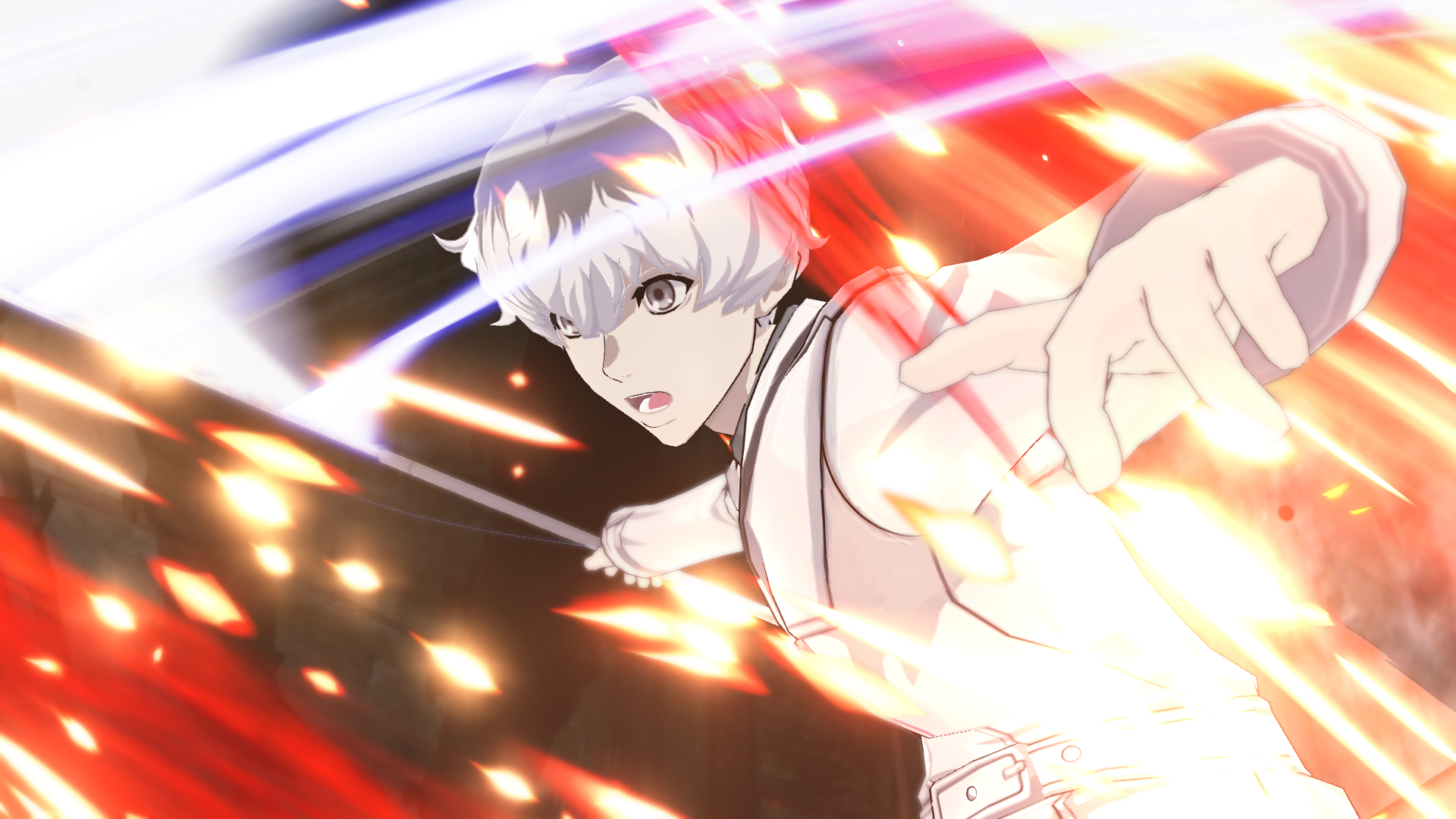 Białowłosy bohater anime w scenie walki, z czerwonymi i białymi efektami energetycznymi.