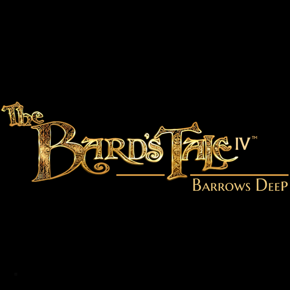 Logo The Bard's Tale IV: Barrows Deep ze złotymi, ozdobnymi literami na czarnym tle.