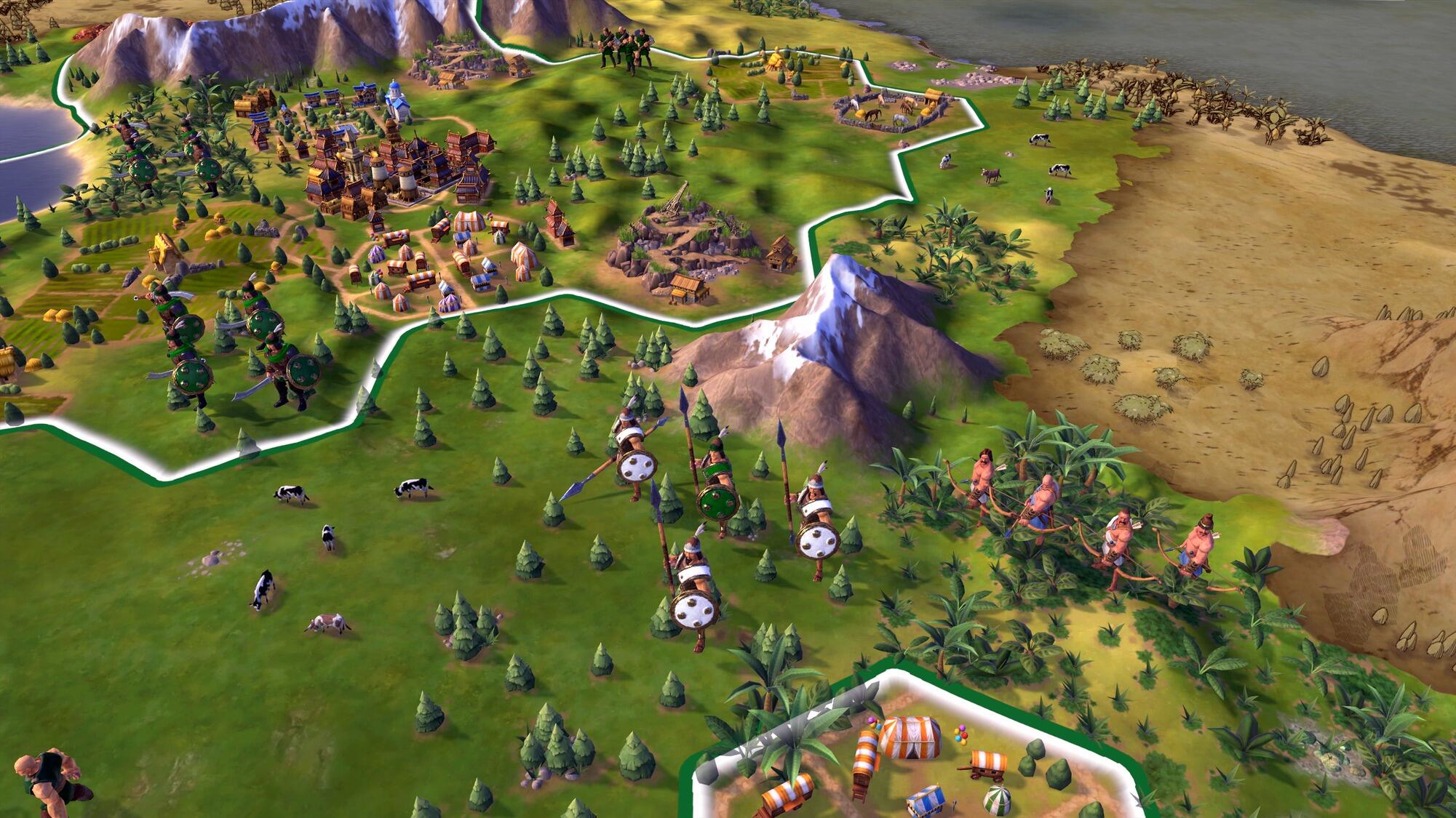 Una mappa di gioco con una città, truppe, montagne e un fiume, vista dall'alto.