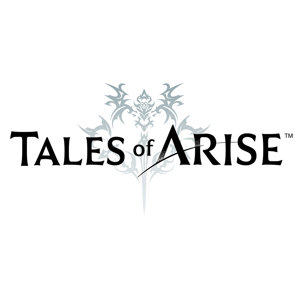 Logo Tales of Arise na białym tle, ze stylizowanym emblematem nad tekstem.