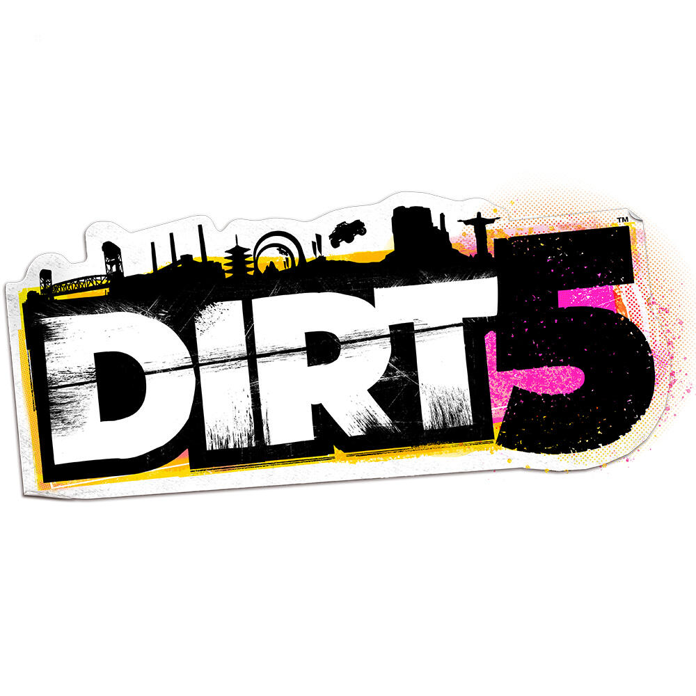 Logo Dirt 5. Biały tekst na czarnym tle z sylwetką miasta i różową plamą.