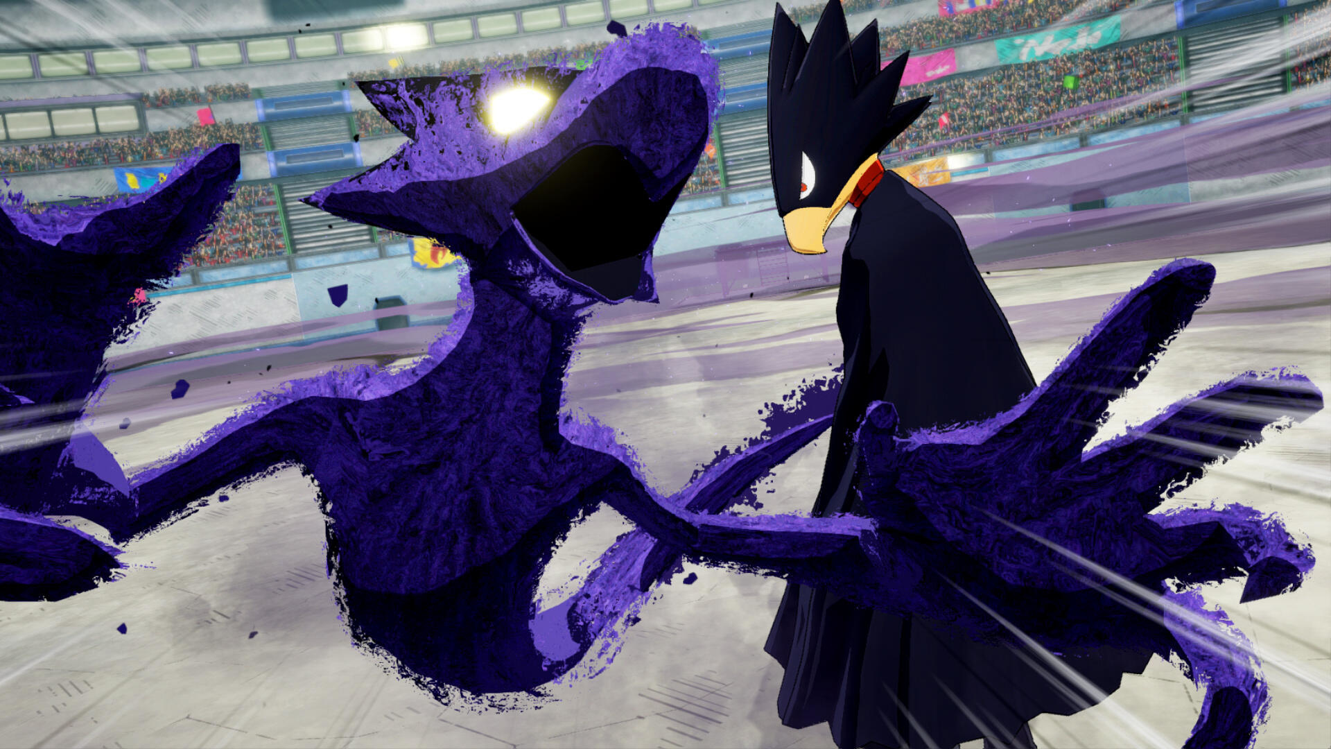 Anime-Charaktere kämpfen in einer Arena, eine Figur wirft einen Schatten.