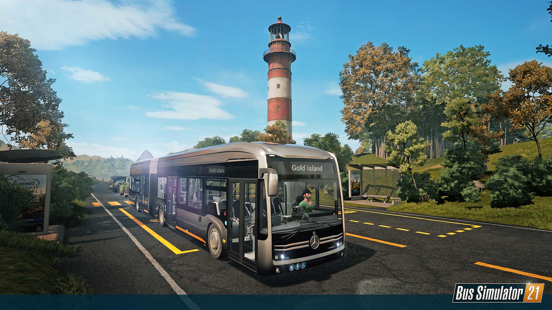 Bus Simulator 21 Szene. Ein Bus auf der Straße, mit einem Leuchtturm im Hintergrund.