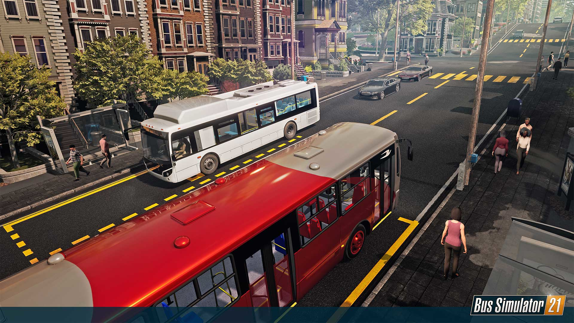 Bus Simulator 21 Szene. Zwei Busse auf der Straße. Leute gehen am Straßenrand entlang.