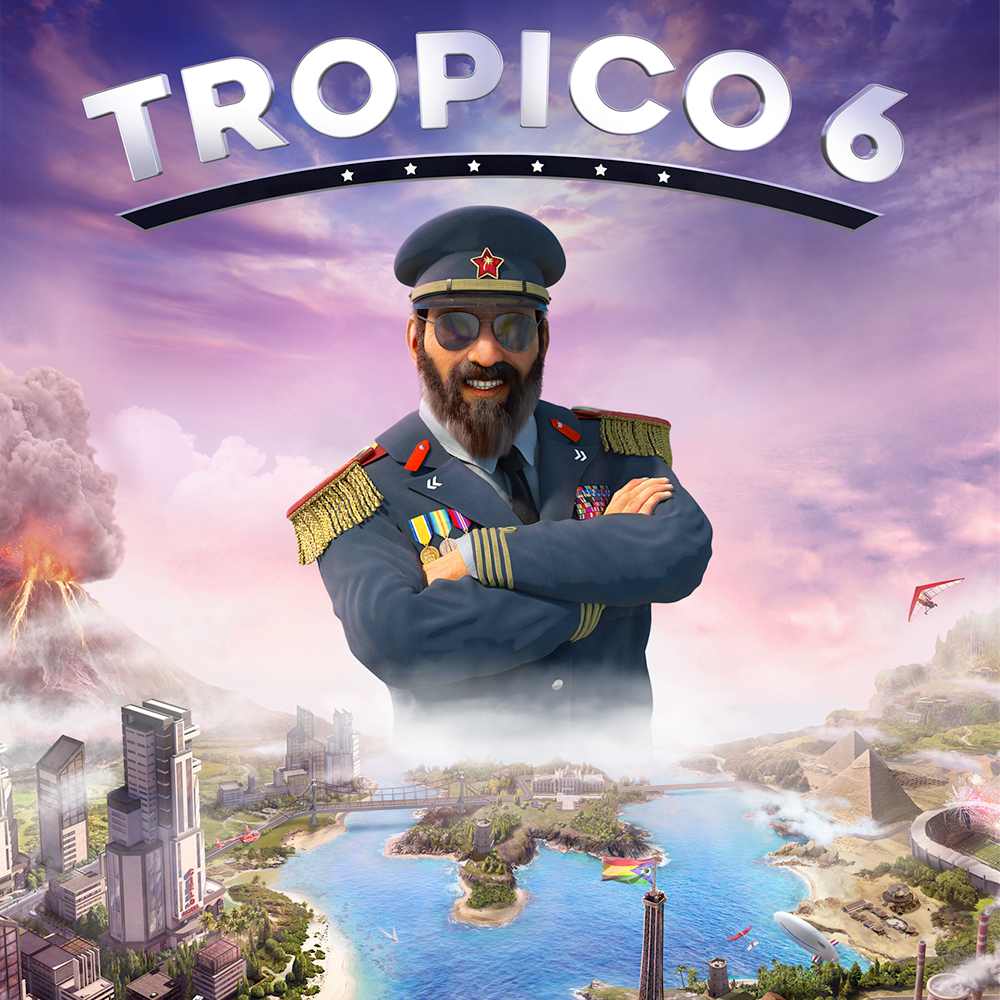 Un uomo in uniforme militare e occhiali da sole sorride. Lo sfondo è una città e un vulcano.