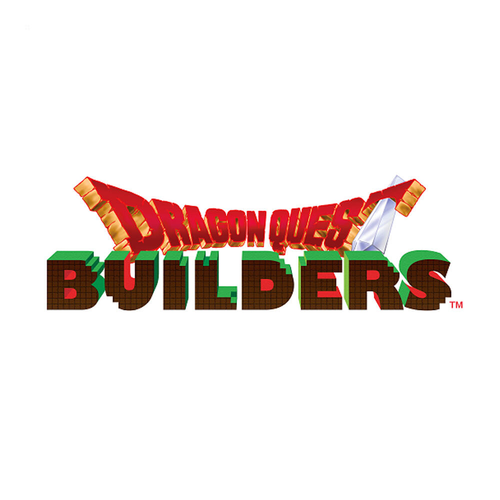 Logo Dragon Quest Builders, z czerwonymi i zielonymi literami blokowymi, na białym tle.
