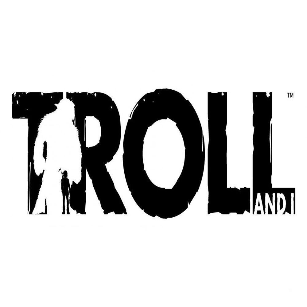 Das Troll and I Logo, mit einer Troll-Silhouette und einem Jungen, der geht, in Schwarz auf weißem Grund.