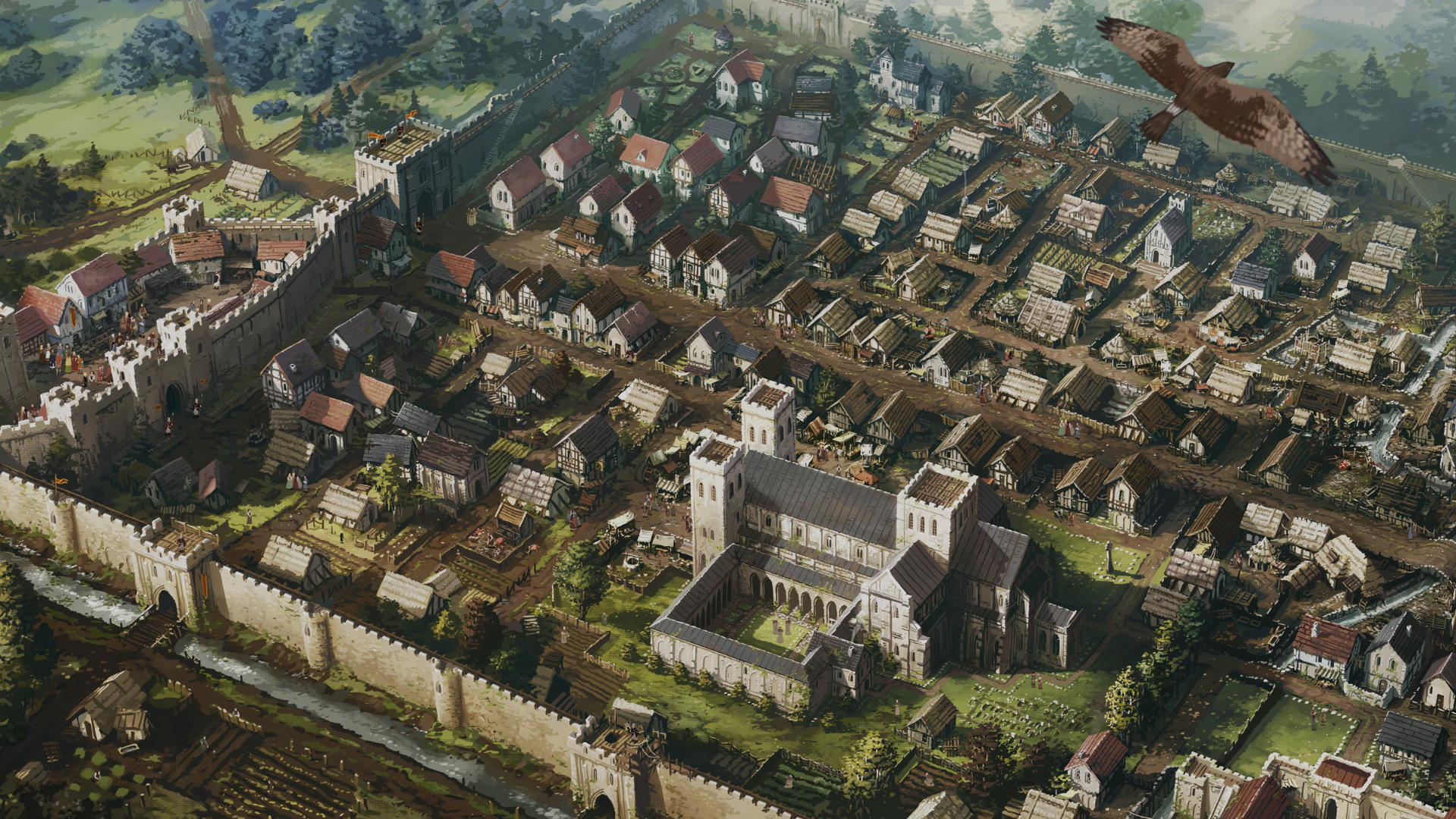Eine detaillierte Draufsicht auf eine mittelalterliche Stadt mit Mauern, Häusern und einer Kirche. Ein Vogel fliegt am Himmel.