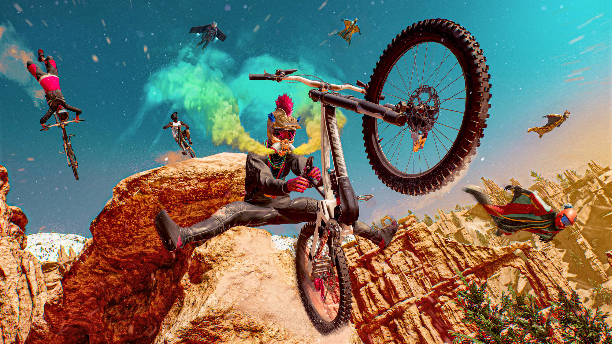 Eine Person auf einem Mountainbike bei einem Stunt, umgeben von anderen Fahrern und Luftschiffen.