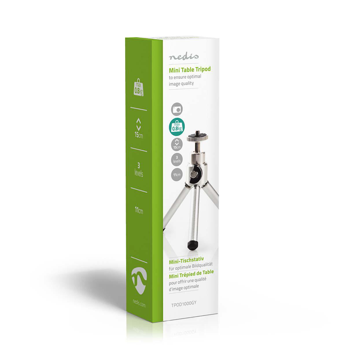 Białe pudełko z ilustracją mini statywu i specyfikacjami technicznymi.