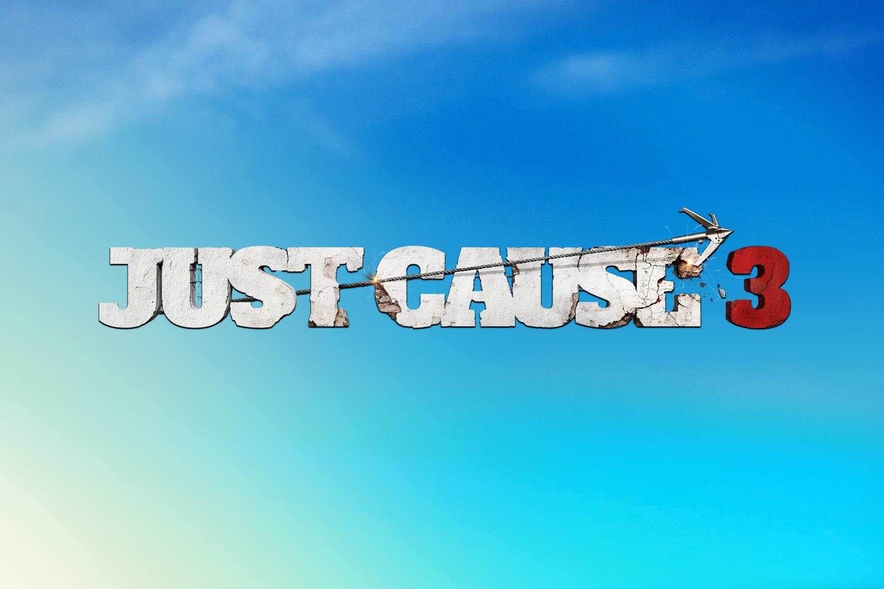 Logo Just Cause 3 na tle błękitnego nieba. Tekst jest biały i popękany, z czerwoną liczbą 3.