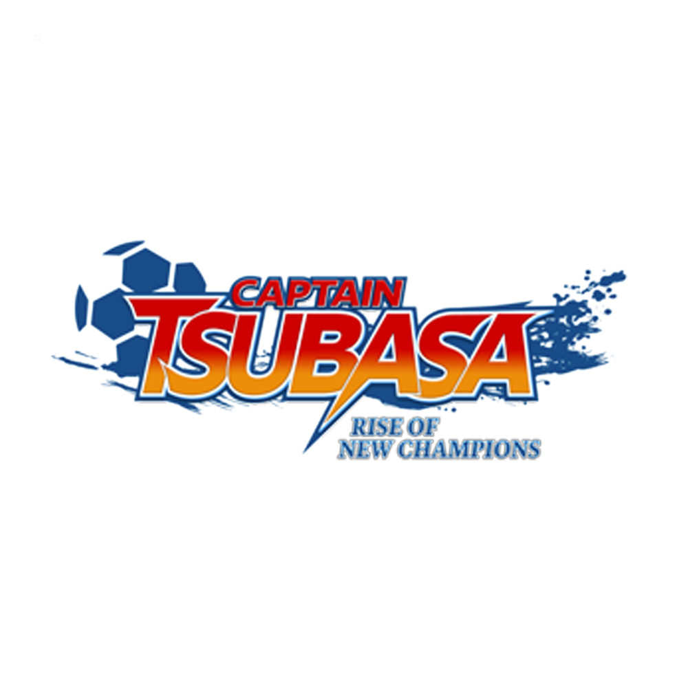 Captain Tsubasa Logo auf weißem Hintergrund. Fußball und stilisierter Text in Blau und Orange.