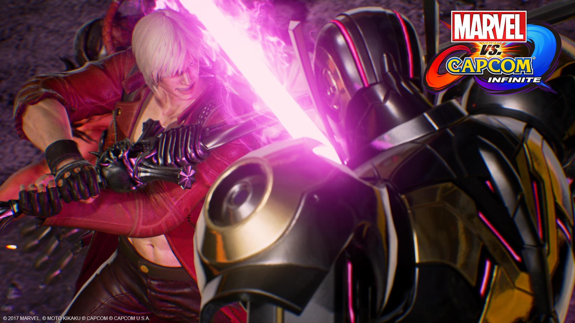 Dante von Devil May Cry vs. Ultron. Kampfszene mit Energiestrahlen und actiongeladenen Posen.