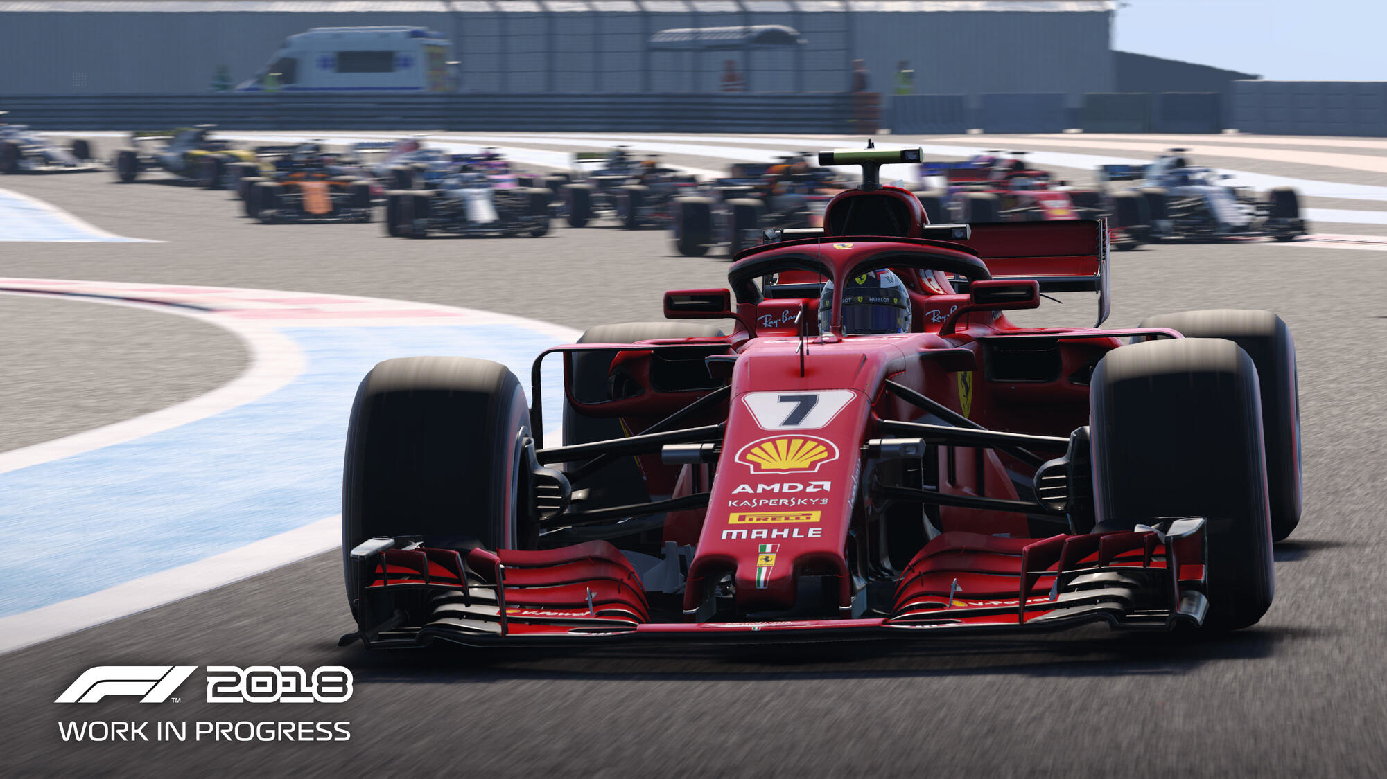 Rotes F1-Auto, andere Autos im Hintergrund, Streckenansicht, F1 2018 Work in Progress.