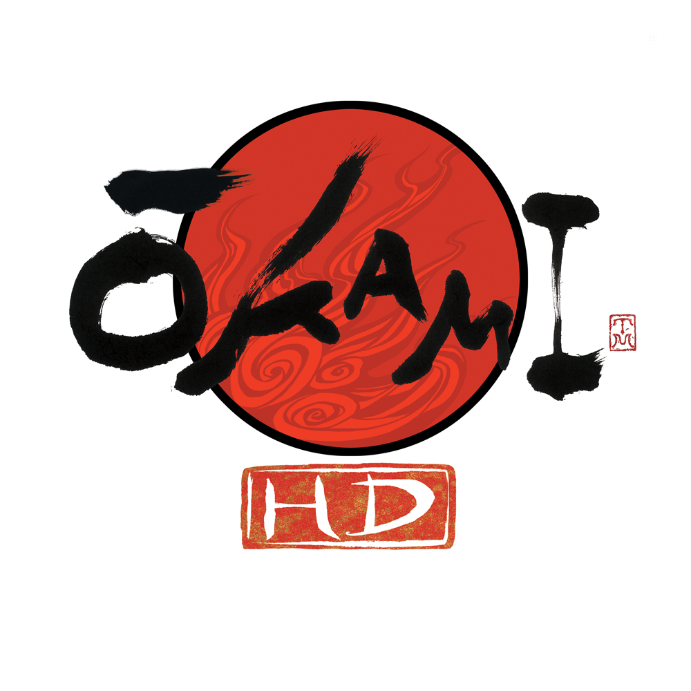Okami HD-Logo mit roter Sonne, schwarzer Kalligraphie und einer goldenen Box mit "HD".