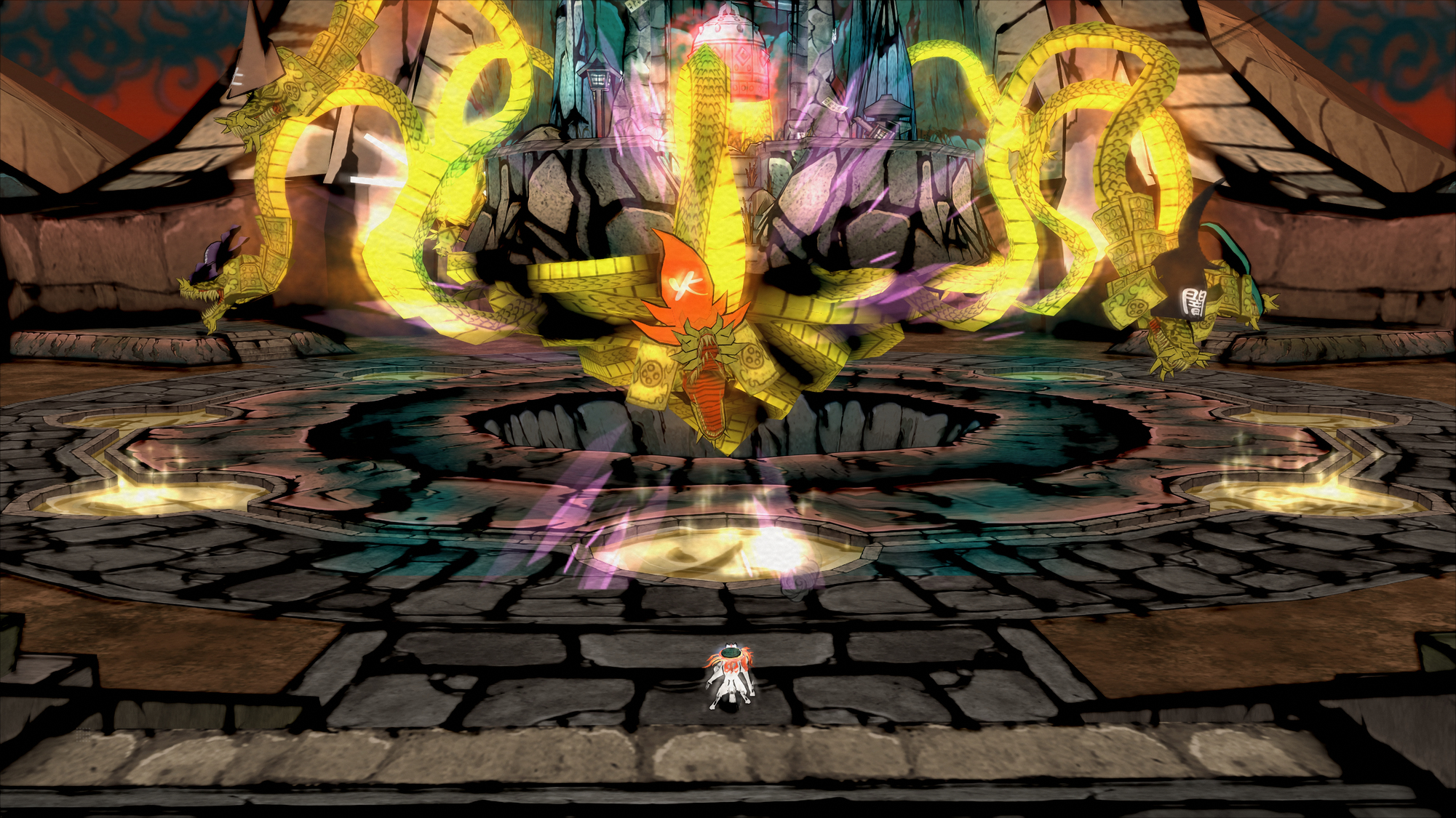Okami Spielszene, weißer Charakter, goldene Drachen und ein farbenfroher, künstlerischer Hintergrund.