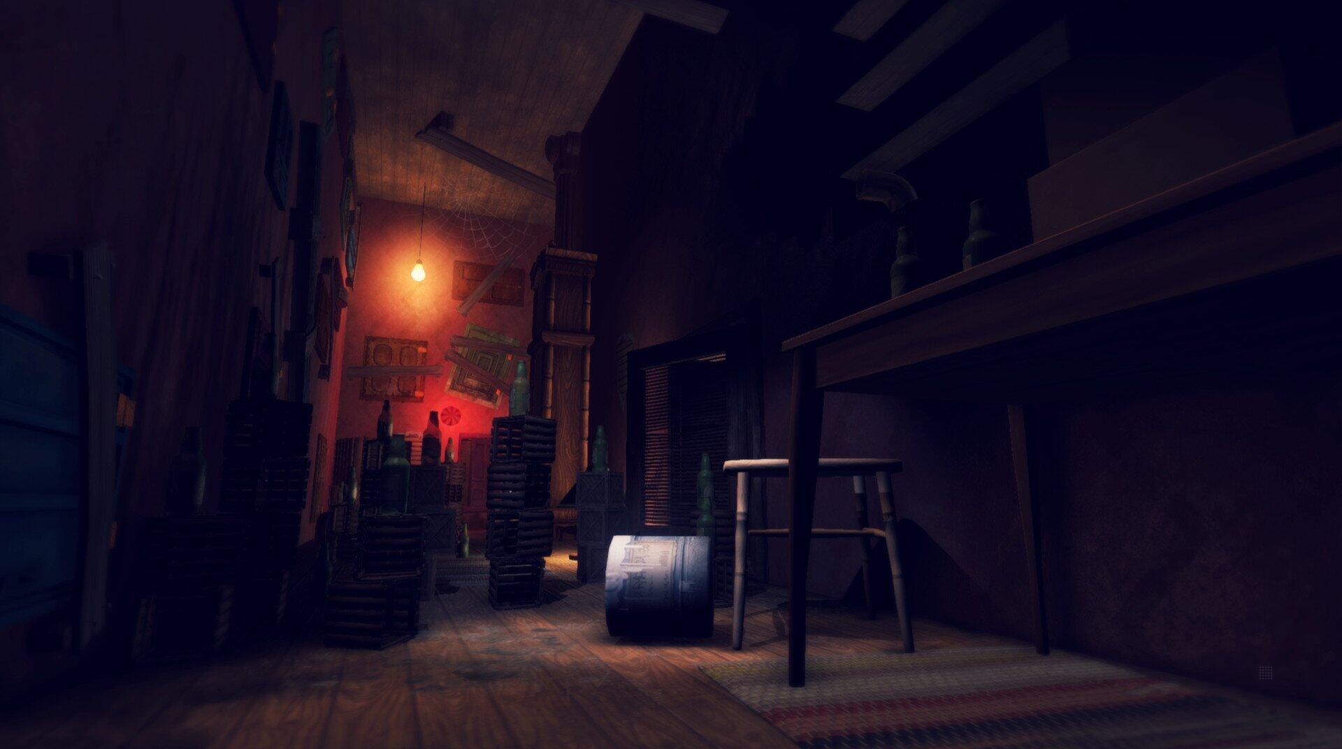 Słabo oświetlony pokój ze stołem, krzesłem i butelkami. Pajęczyna znajduje się w lewym górnym rogu.